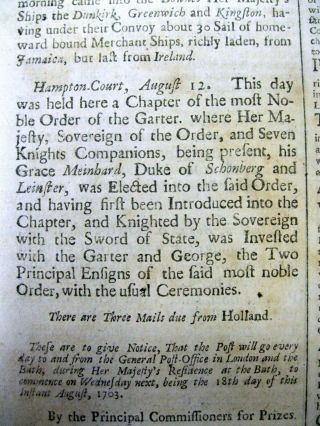 1703 newspaper w EARLY ORDER OF THE GARTER Inductions by QUEEN ANNE Chivalry 2