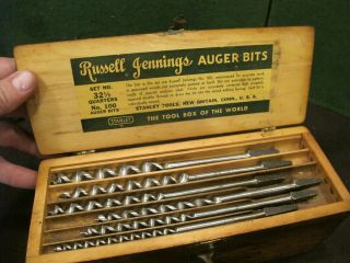 Vintage No.  32 - 1/2 Stanley Russell Jennings Auger Bit Set No.  100 W/ Wood Box