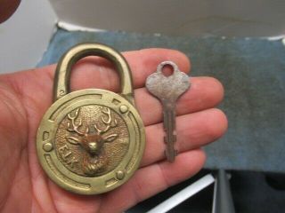 Ornate Old Brass Padlock Lock Elk Wi/key.  Wi/raised Elk Face On The Front.  N/r