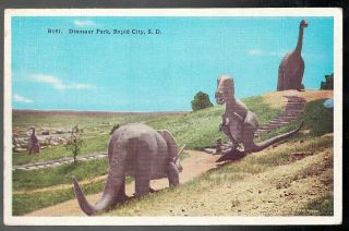 Vintage 1940 Dinosaur Park Rapid City South Dakota Roadside Attraction Postcard