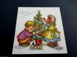 J758 - Vintage Marjorie M.  Cooper Xmas Greeting Card Kids Decorating Tree