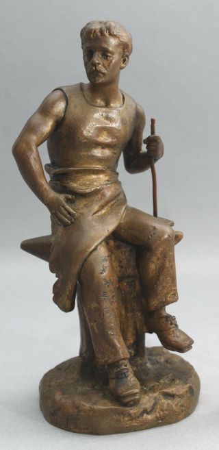 Antique Signed J Pilet Miniature Bronze Sculpture,  Blacksmith W/ Anvil & Hammer