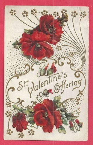 Vintage Valentine Embossed Postcard,  Bright Red Flowers,  Gold Foil Inlay,  Nu