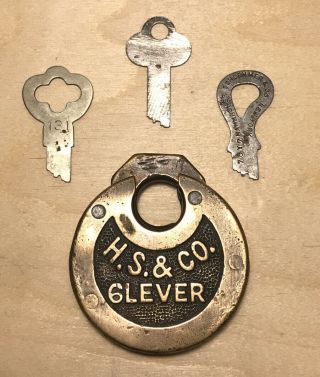 Antique H.  S.  & Co Hs Company 6 Lever Brass Pancake Padlock Pad Lock With 3 Keys
