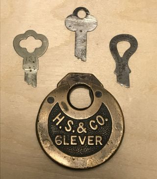 ANTIQUE H.  S.  & CO HS COMPANY 6 LEVER BRASS PANCAKE PADLOCK PAD LOCK WITH 3 KEYS 2