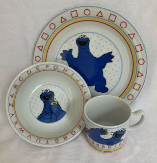 Vintage Sesame Street Porcelain Plate Bowl Mug Set Cookie Monster Porcelain Jmp