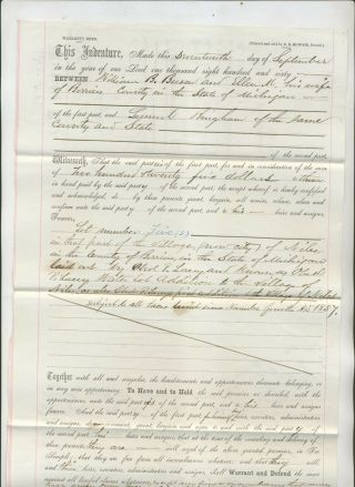 1860 Land/deed Deal William Buson & Lemuel Bingham Both Berrien County Michigan