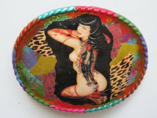 Betty Page Belt Buckle Pin Up Girl Tattoo Cat N Mouse Metal Mixed Media Artist