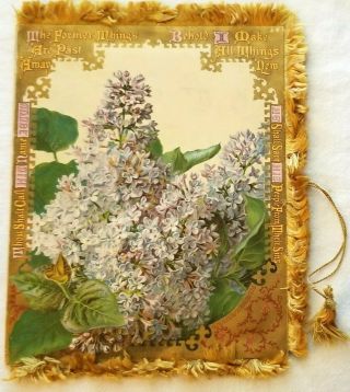 Elaborate Victorian Bi - Fold Gold Silk Fringed Xmas Card.  Prang.  Lilacs,  Scenes