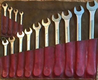 Vintage Husky Tool 14 Pc Wrench Set Sizes 3/8 " - 1 1/4”.  W/ Leather Tool Roll