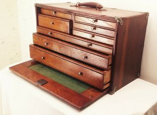 Vtg Antique 8 Drawer Machinist Tiger Oak Tool Box Chest Storage Cabinet