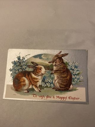 Vintage Easter Postcard Two Bunnies With Eggs Silver Background Unposted