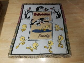 Looney Tunes Throw Blanket 1996 60x45 " W/ Tweety Sylvester.