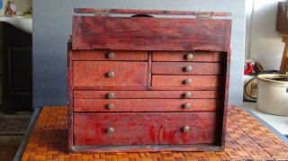 Antique 8 Drawer Wood Machinist Tool Chest Jewelry Box Vintage Cabinet,  No Key