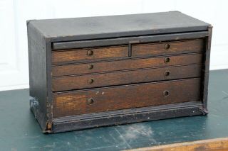 Antique 5 Drawer Wood Machinist Tool Chest Jewelry Box Vintage Cabinet Oak Vtg