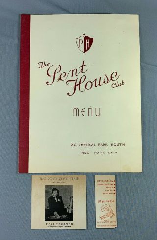 Vtg 1941 The Pent House Club Menu & Matchbook Paul Taubman York City