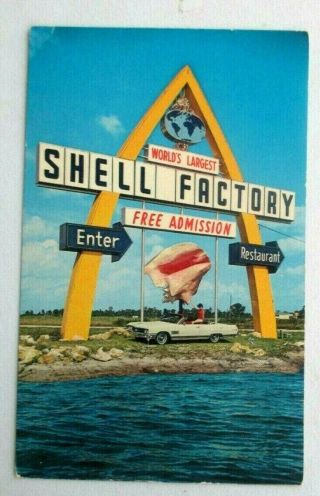 Vintage 1950s Chrome Postcard Of World Largest Shell Factory,  Fort Myers,  Fla.