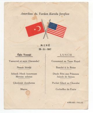 1947 Menu From The Ankara Palace Hotel In Turkey Signed By Minister Of Defense