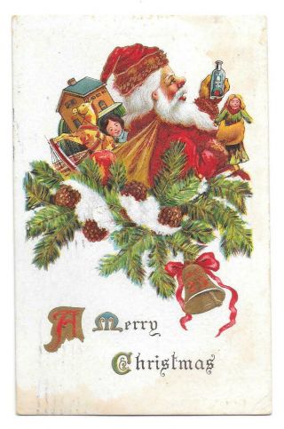 A Merry Christmas Font,  Santa Bottle Toy Sack Vintage Postcard Embossed Pmk 1912
