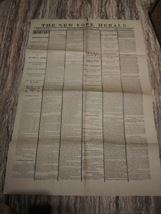 York Herald April 15,  1865 - Civil War,  Lincoln Assassination - 1890s Newspaper.