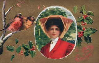 1 Cent Vintage Postcard Pretty Lady Christmas (card 38)