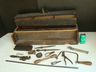 Antique Primitive Vintage Wood Tool Box Handmade Carpenters Some Tools