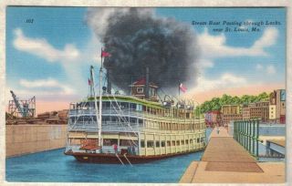 Vintage 1940 Steam Boat Passing Through Locks St.  Louis Missouri Postcard
