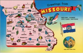 Vintage Chrome Postcard,  Sight And Views,  Map Of The State Of Missouri