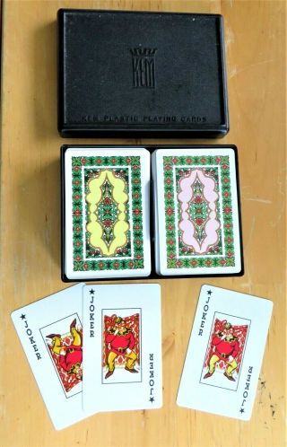 Kem Double Deck Playing Cards With Black Case Green Leaves & Red Flowers