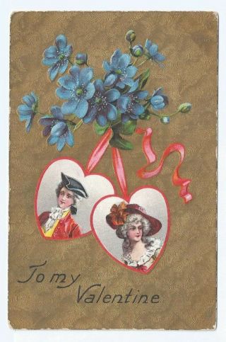 Vintage Valentine Greetings Postcard,  Heart Shape Portraits,  Man And Women,  Up