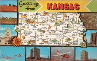 Vintage Chrome Postcard,  Map Of The State,  Sights And View Of The State Kansas