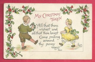 Vintage Christmas Greetings Postcard,  Cute Little Kids