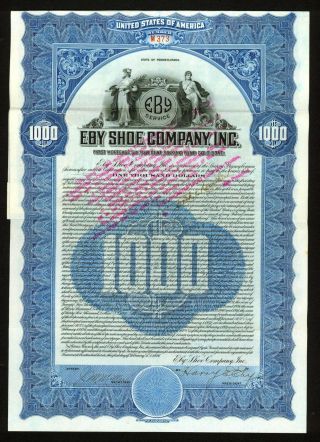 1926 Eby Shoe Co Of Pennsylvania - Bond Stock Certificate