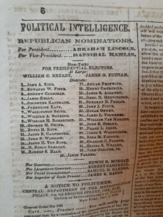 Civil War Newspapers - Abraham Lincoln - For President,  Hannibal Hamlin - Vp Ballot