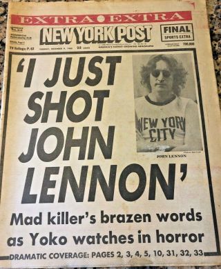 York Post Dec 9,  1980 Beatles Lennon Killed Headline I Just Shot John Lennon