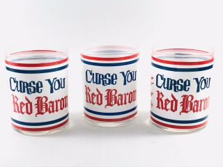 Set Of 3 ‘curse You Red Baron’ Glasses,  4 " Tall German War Plane Snoopy Peanuts