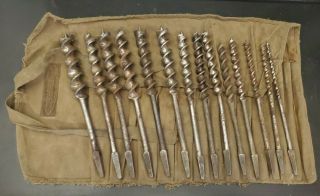 Vintage 1920s - 40s Auger Bits Set - Russell Jennings - Set Of 14 W/ Pouch