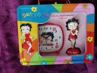Betty Boop Collectible Clock & Figurine Gift Set In Tin