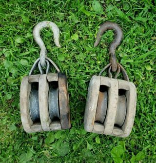 Antique Pair Double Roller Wood Block Tackle Pulley Nautical Primitive Rustic
