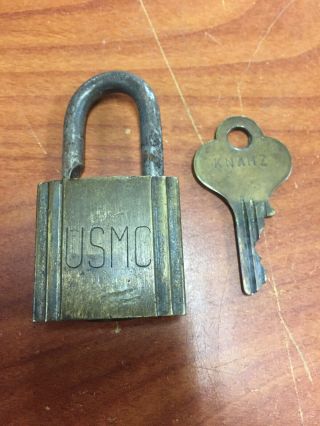Vintage Usmc Eagle Brass Padlock Lock With Key Usa Marine Corps