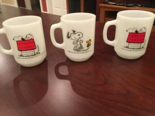 Snoopy Fire King Mug Cup 1958 Schulz Group Of 3 Milk Glass