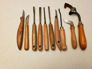 10 Vintage Wood Carving Tools,  6 Henckles,  1 Butz,  1 Pfeil,  1 Amt,  1 Unmarked