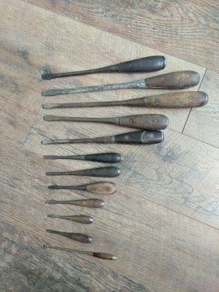 12 Vintage /antique Perfect Wood Handle Screwdrivers Woodworking Tools