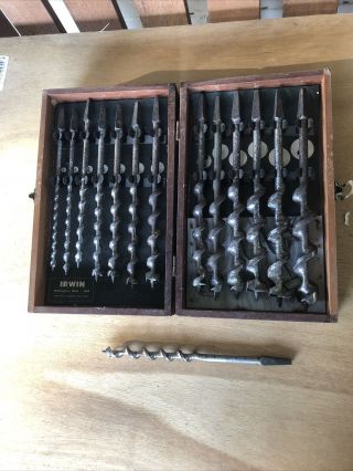 Vintage Irwin Auger Drill Bits.  13 Bits In Wood Case