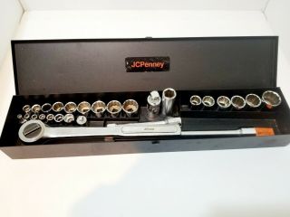 Vintage Jc Penney Usa Socket Set With Ratchet And Metal Case Made By Sk Tools