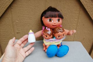 Mattel Fisher Price Dora Big Sister Doll Talking W/ Twin Baby Battery 2004