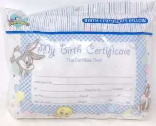 Vintage Baby Looney Tunes Birth Certificate Pillow Bugs Bunny Taz Tweety Nos