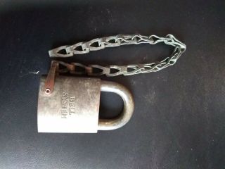 Vintage Old Brass Best Padlock Lock Marked Bell System,  With Chain,  No Key,