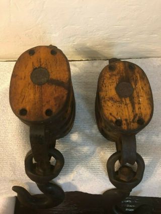 Vintage Iron And Wood Block And Tackle Double & Triple Pulley With Anvil Logo
