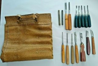 14 Woodworking Wood Lathe Chisels Gouges Carving Tools Craftsman Ostrich Leather